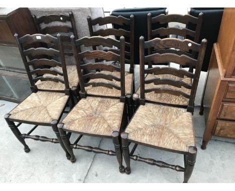 SIX OAK LADDER BACK DINING CHAIRS WITH RUSH SEATS 