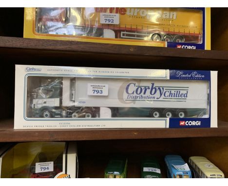 A CORGI CLASSIC LIMITED EDITION CORBY DISTRIBUTION CHILLED LTD SCANIA FRIDGE TRAILER CC12216, 1-50 SCALE MODEL BOXED AND IN M