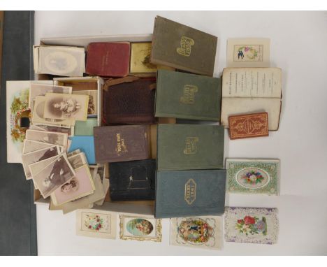 TWO EARLY 20TH CENTURY HAND PAINTED ON SILK CARDS, FURTHER CARDS, LATE 19TH CENTURY DIARIES, COLLECTION OF PORTRAIT PHOTOS ON