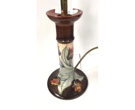 A MOORCROFT POTTERY TULIP PATTERN CANDLESTICK SHAPE LAMP BASE, HEIGHT INCLUDING FITTING 29.5CM 