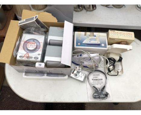 A IRON, TRAVEL HAIR DRYER, HEADPHONES, VINTAGE CAMERA ETC 