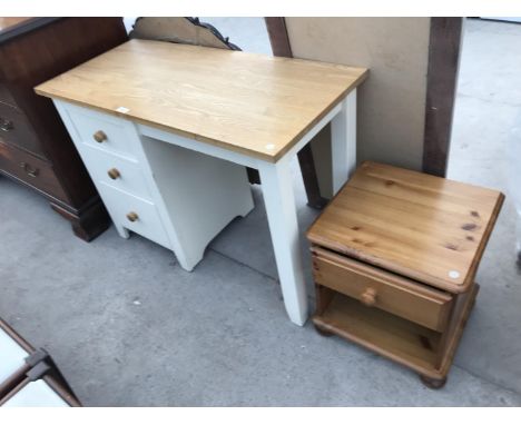 A BEECH AND PAINTED MODERN DESK WITH THREE DRAWERS AND A PINE CABINET WITH DRAWER AND LOWER SHELF 