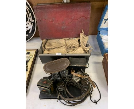 A COLLECTION OF BINOCULARS, VINTAGE TIN, VINTAGE HEADPHONES ETC 