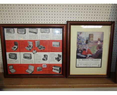 Five vintage framed and unframed radio/gramaphone advertisments including Pye, HMV and Aeolian Vocalion