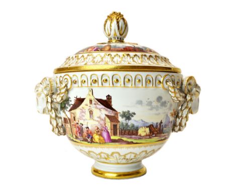 A Meissen porcelain covered bowl, 19th century, the lid with gilt pineapple finial over a body decorated with landscape scene