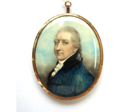 Attributed to Andrew Plimer (1763-1837), British portrait miniature on ivory of a gentleman wearing a blue coat, seed pearl h