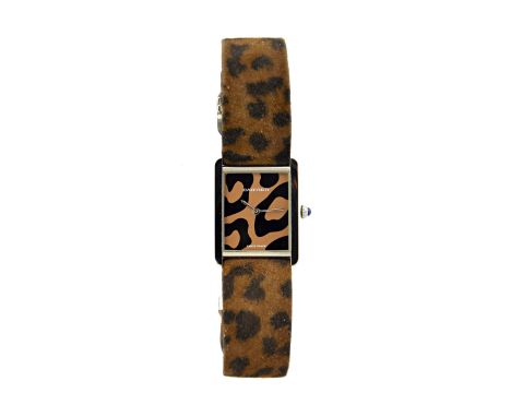 A lady's Cartier 'Solo Leopard Boutique' rectangular steel cased wristwatch, the signed dial with leopard print effect decora
