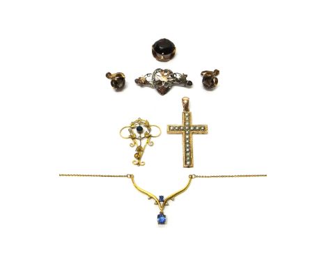 A gold, sapphire and diamond set necklace, in a 'V' shaped design, a Victorian half pearl set pendant cross, with engraved de