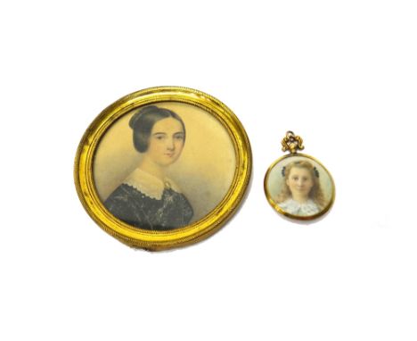 Early 20th century English School portrait miniature on ivory of a young girl set in a double sided glazed 9ct gold pendant f