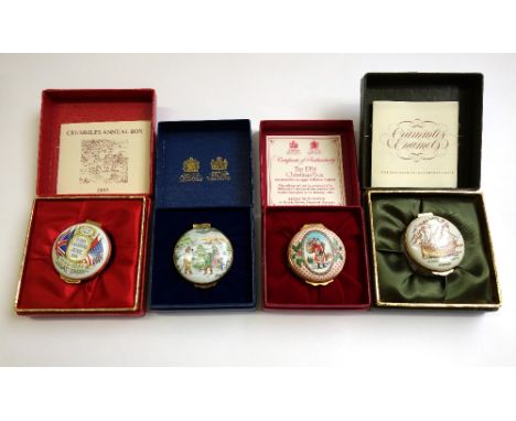 Two Halcyon Days enamel trinket boxes, five further 'Crummels' boxes and one by 'Traditional English Handcrafted Enamels', al