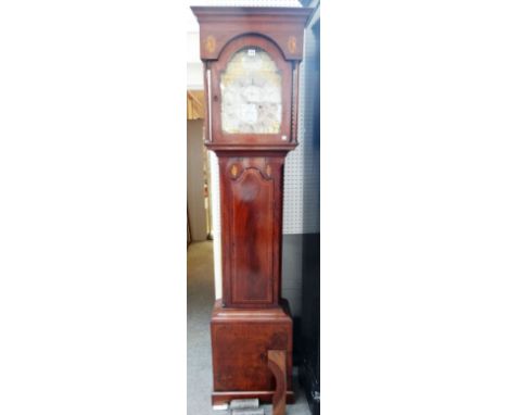 A mahogany eight day longcase clock, 18th century the arch top over a twelve inch dial with subsidiary calendar and second ap