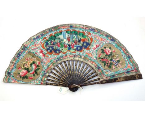 A Chinese gilt lacquer and painted paper fan, 19th century, with foliate decorated sticks, the painted paper fan with a centr