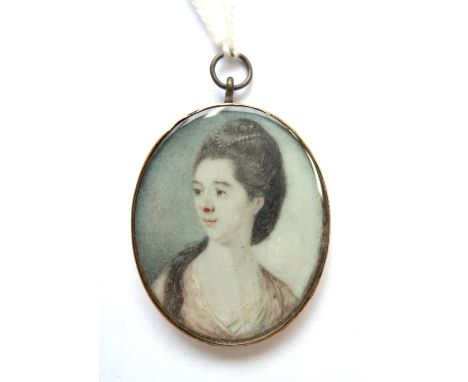 Attributed to Richard Crosse, circa 1775, portrait miniature on ivory of a lady wearing a light pink dress with long dark bro