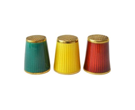 A Norwegian silver guilloche enamelled thimble by David Andersen, with a rich yellow ground ground and gold wash interior hal