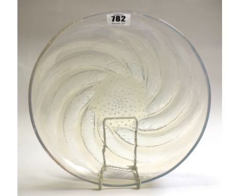 A Lalique 'Poissons' opalescent circular shallow glass dish, circa 1930, with raised signature to centre 'R. Lalique', 25cm d