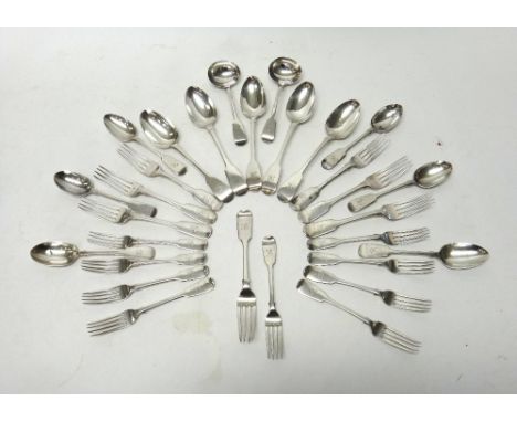 Silver fiddle pattern table flatware, comprising; five tablespoons, seven table forks, nine dessert forks, six dessert spoons