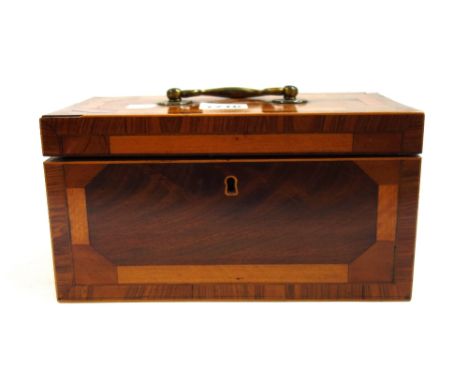 A George III mahogany satinwood and tulipwood banded rectangular tea caddy with twin lidded interior, 23cm wide. 