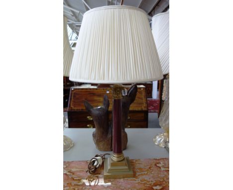 A Victorian style Corinthian column brass table lamp, modern, with pleated shade, 47cm high, excluding fitment and shade. 165