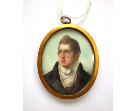 Early 19th century, English School, portrait miniature on ivory of a young gentleman, wearing a black coat and a white high c