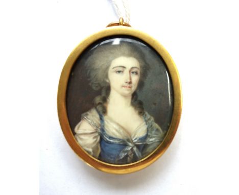 Late 18th century, French School, portrait miniature on ivory of Mrs Lemon, wearing a blue dress with fichu, the image 4.3cm 