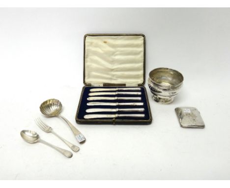 Silver and silver mounted wares, comprising; a George III silver sauce ladle, London 1808, a silver bowl with bright cut deco