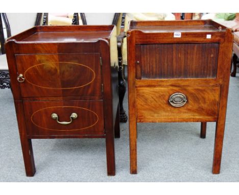 A George III mahogany tray top commode, with tambour cupboard and pull-out drawer, 50cm wide and another tray top commode 51c