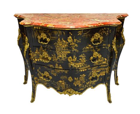 A Louis XV style gilt metal mounted black lacquer chinoiserie decorated commode, the rouge marble top over three serpentine d