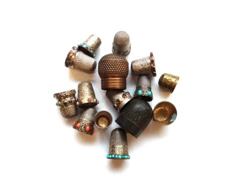 Seven hardstone mounted thimbles including coral, turquoise and amethyst decoration, and seven assorted thimbles including an