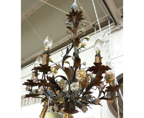 A gilt metal six branch chandelier, late 20th century, the foliate cast open frame with affixed porcelain flowerhead decorati