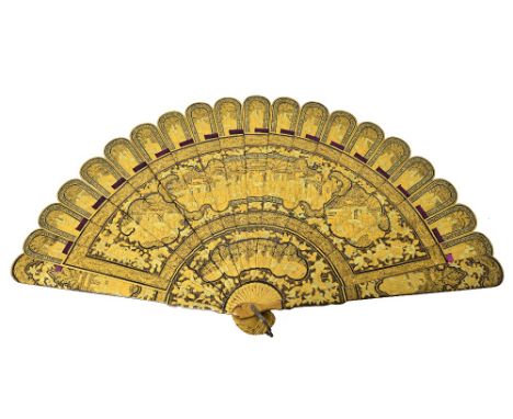 A Chinese Canton black lacquer and gilt heightened fan, 19th century, decorated all over with an assemblage of courtly figure