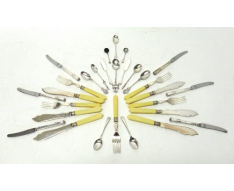 Silver flatware, comprising; a pair of butter knives, Birmingham 1948, two spoons with Artists Rifles Minerva head terminals,