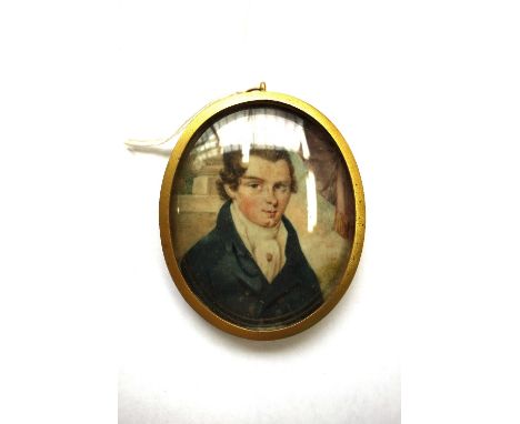 Early 19th century, English School, portrait miniature on ivory of a gentleman - "Andrew" - wearing a blue coat and a white s