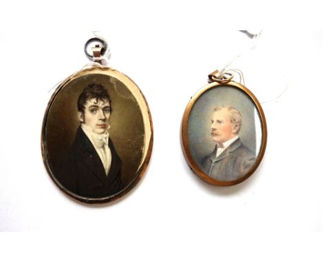 Early 19th century, English School, portrait miniature on ivory of a young gentleman wearing a black coat and a white waistco