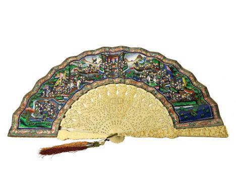 A Chinese ivory and painted paper fan, 19th century, with elaborately carved openwork stick centred with 'M.R.' monogram, the