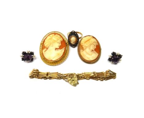 A 9ct gold mounted oval shell cameo brooch, carved as the portrait of a lady, fitted with a safety chain, a 9ct gold mounted 