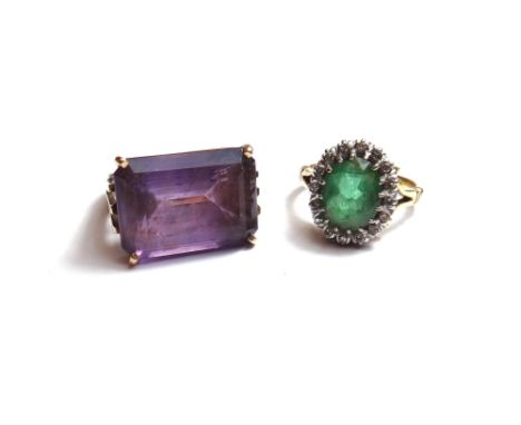 A gold ring, claw set with a rectangular step cut amethyst, ring size  M and a gold, diamond and pale green tourmaline set ov