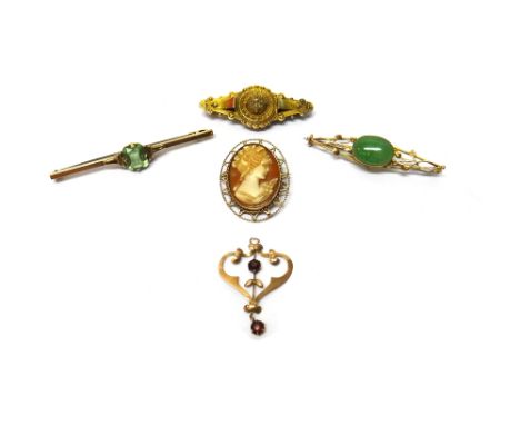 A gold brooch, with bead and wirework decoration, detailed 9 CT, two gold and green gem set bar brooches, a 9ct gold mounted 