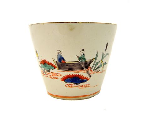 A Chantilly porcelain beaker, circa 1735, painted on one side with two Oriental figures in a boat, the reverse painted with a