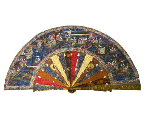 A Chinese gilt metal, enamel and painted paper fan, 19th century, with elaborately crafted openwork sticks in filigree enamel