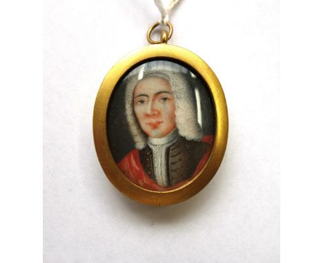 English School, circa 1740, portrait miniature on ivory of a gentleman, possibly an officer, white wig, wearing a blue coat w