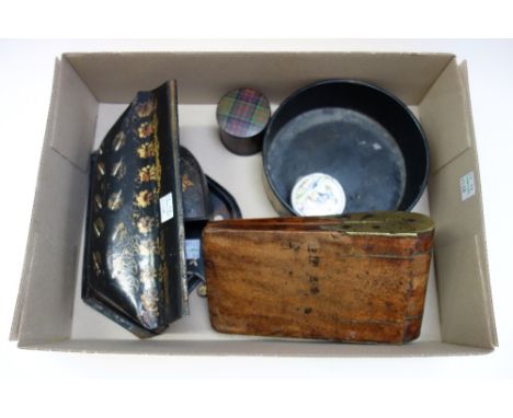 A Victorian mahogany and brass bound folding boot pull, a Bilston enamel patch box with interior mirror to lid, 5cm diameter,