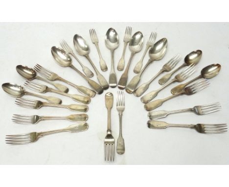 Silver fiddle pattern table flatware, comprising; five dessert forks, London 1847, four dessert spoons, London 1817, eleven t