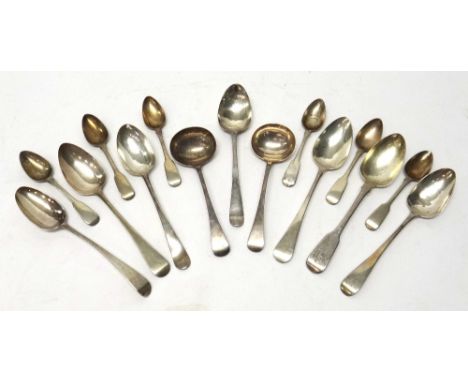 Silver table flatware, comprising; a pair of Old English pattern sauce ladles, London 1840, a set of six fiddle pattern teasp