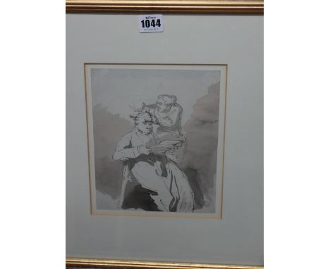 Thomas Rowlandson (1756-1827), Barber with customer reading, pen, ink and wash, 21cm x 17.5cm.