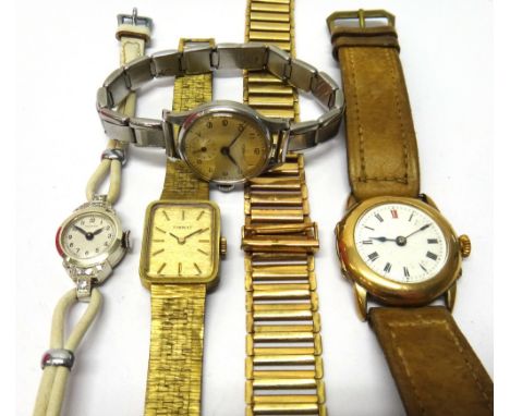 A lady's diamond set Tavannes dress wristwatch, on a white strap, a gentleman's 9ct gold circular cased wristwatch, the ename