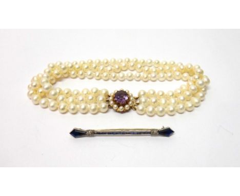 A synthetic sapphire and rose diamond set bar brooch, in an Art Deco design and a three row necklace, of freshwater cultured 