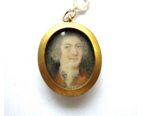 English School, circa 1740, portrait miniature on ivory of a gentleman wearing a red coat, numbered 15 on the reverse, the im