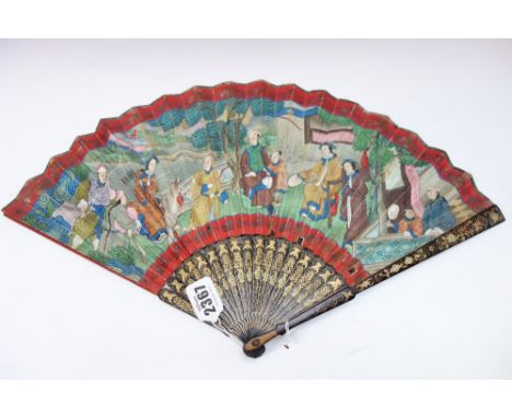 A Chinese gilt lacquer and painted paper fan, 19th century, the sticks with gilt foliate and geometric decoration, the painte