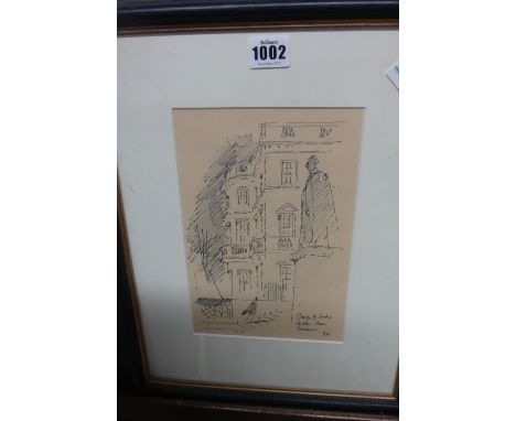 Sir Hugh Casson (1910-1999), George VI Statue, Carlton House Terrace, pen and ink, signed with initials and inscribed, 22.5cm