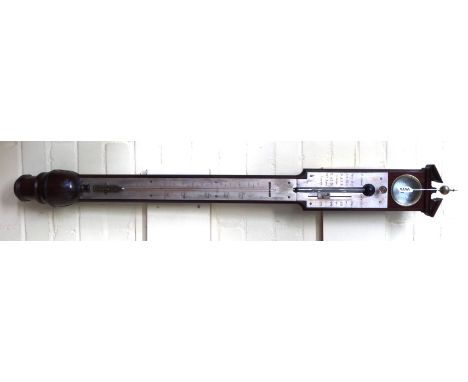 A Georgian mahogany cased stick barometer by F.BLUNT LONDON, with broken arch pediment, rain/fair detector over a silvered pl